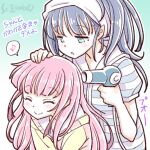  2girls artist_name blue_hair drying drying_hair hair_dryer long_hair magia_record:_mahou_shoujo_madoka_magica_gaiden mahou_shoujo_madoka_magica multiple_girls musical_note nanami_yachiyo pink_hair smile spoken_musical_note studiozombie tamaki_iroha 