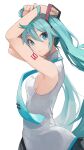  1girl aqua_eyes aqua_nails aqua_neckwear armpits arms_up bare_shoulders breasts earrings fingernails from_side grey_shirt hatsune_miku highres hiroki_(yyqw7151) jewelry long_fingernails long_hair looking_at_viewer looking_to_the_side necktie number_tattoo parted_lips shirt shoulder_tattoo sideboob simple_background sleeveless sleeveless_shirt small_breasts solo tattoo twintails very_long_hair vocaloid white_background 