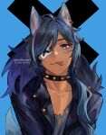  1boy animal_ears bangs blue_background blue_eyes blue_hair closed_mouth collar collarbone dark_skin dark_skinned_male ear_piercing english_commentary eyepatch fur_collar genshin_impact hair_between_eyes highres jacket jewelry kaeya_(genshin_impact) long_hair looking_at_viewer male_focus piercing ponytail simple_background smile snifflesmp4 spiked_collar spikes tail tongue tongue_out tongue_piercing wolf_boy wolf_ears wolf_tail 