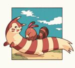  brown_eyes closed_eyes closed_mouth clouds from_side furret gen_2_pokemon grass looking_back no_humans open_mouth panmimi paws pokemon pokemon_(creature) riding_pokemon sentret sky toes 