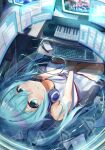  1girl aqua_eyes aqua_hair chair collarbone computer dress from_above hatsune_miku headphones headphones_around_neck highres instrument itoyoshi_tsumugi keyboard_(computer) keyboard_(instrument) looking_at_viewer looking_up monitor musical_note paper pen sitting smile solo strapless strapless_dress twintails vocaloid white_dress 