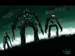  bottoms1237 clouds glowing glowing_eyes highres leaning_back looking_up mecha no_humans open_hands original science_fiction silhouette sky visor 