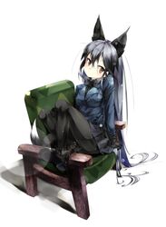  1girl animal_ears black_footwear black_fur black_gloves black_legwear black_neckwear blue_jacket bow bowtie chair extra_ears eyebrows_visible_through_hair fox_ears fox_girl fox_tail fur_trim gloves gorilla_(bun0615) grey_hair highres jacket kemono_friends long_hair multicolored_hair necktie pantyhose silver_fox_(kemono_friends) silver_hair sitting solo tail yellow_eyes 