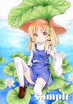  1girl :3 bangs blonde_hair brown_footwear brown_headwear closed_mouth commentary_request day eyebrows_visible_through_hair flat_chest flower foot_out_of_frame hat highres holding_plant light_blush lily_pad long_hair long_sleeves looking_at_viewer lotus marker_(medium) moriya_suwako outdoors parted_bangs purple_skirt purple_vest sample sitting skirt smile solo thigh-highs touhou traditional_media turtleneck vest water white_flower white_legwear wide_sleeves yellow_eyes yuiki_(cube) 