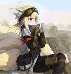 1girl :o animal_ears arknights arm_ribbon asymmetrical_clothes black_pants black_scarf blonde_hair blush brown_eyes brown_legwear cup day feet_out_of_frame fox_ears fox_girl fox_tail goggles goggles_on_head holding holding_cup kneehighs layered_sleeves long_hair long_sleeves looking_afar multiple_tails official_alternate_costume open_mouth outdoors pants pouch red_ribbon ribbon rock scarf single_pantsleg sitting sleeves_past_wrists solo steam suzuran_(arknights) suzuran_(lostlands_flowering)_(arknights) tail wasabi60 