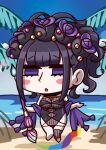  1girl april_fools bangs beach black_hair black_swimsuit blunt_bangs blush_stickers chibi eyebrows_visible_through_hair fate/grand_order fate_(series) flower hair_flower hair_ornament hair_up highres holding holding_brush murasaki_shikibu_(fate) murasaki_shikibu_(swimsuit_rider)_(fate) official_art one-piece_swimsuit open_mouth palm_leaf purple_flower riyo_(lyomsnpmp) shawl single_thighhigh solo swimsuit thigh-highs violet_eyes water 