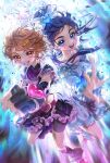  2girls absurdres black_gloves black_hair black_skirt blush bow brown_hair clenched_hand cure_black cure_white dress fingerless_gloves floating_hair futari_wa_precure gloves glowing glowing_eyes hair_bow hair_ornament heart heart_hair_ornament highres long_hair looking_at_viewer magical_girl misumi_nagisa motion_blur multiple_girls onenechan open_hand open_mouth ponytail precure punching short_hair skirt smile white_bow white_dress yukishiro_honoka 