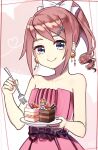 1girl bangs blue_eyes bow c: cake closed_mouth collarbone dress drill_hair flat_chest food fork hair_bow heart high_ponytail highres holding holding_fork holding_plate long_hair looking_at_viewer pink_dress pink_hair pink_theme plate sara_(tales) shiny shiny_hair sleeveless sleeveless_dress smile solo standing strapless strapless_dress swept_bangs tales_of_(series) tales_of_link tied_hair usatarou_(annke-to) white_bow 