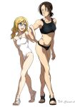  blonde_hair blue_eyes breasts brown_hair christa_renz dated hair_bobbles hair_ornament height_difference locked_arms low_ponytail medium_breasts navel open_mouth sandals shingeki_no_kyojin small_breasts smile swimsuit twintails twitter_username white_swimsuit ymir_(shingeki_no_kyojin) zyunya 