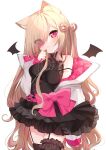  1girl :c absurdres animal_ears argyle bat_wings black_choker black_legwear black_skirt blush bow breasts brown_hair cat_ears choker closed_mouth cowboy_shot cross-laced_clothes floral_print frilled_skirt frills garter_straps hair_over_one_eye hair_ribbon hand_on_own_cheek hand_on_own_face hand_up high_collar highres hinakano_h holding holding_hair jacket layered_skirt leg_garter long_hair long_sleeves looking_at_viewer multicolored_hair off_shoulder open_clothes open_jacket original pink_bow pink_eyes pink_hair ribbon shirt simple_background skirt sleeveless sleeveless_shirt small_breasts solo strap_slip streaked_hair thigh-highs very_long_hair white_background white_jacket wings zettai_ryouiki 