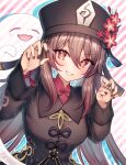  1girl bead_bracelet beads black_nails blush bracelet breasts brown_hair claw_pose closed_eyes fang flower genshin_impact ghost hat highres hu_tao jewelry long_sleeves looking_at_viewer mirukurim nail_polish open_mouth red_eyes ring symbol-shaped_pupils upper_body 