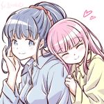  2girls ^_^ alternate_hairstyle artist_name blue_hair blush closed_eyes hand_on_another&#039;s_arm heart long_hair magia_record:_mahou_shoujo_madoka_magica_gaiden mahou_shoujo_madoka_magica multiple_girls nanami_yachiyo pajamas pink_hair ponytail smile studiozombie tamaki_iroha yuri 