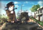  1girl 3boys blue_eyes breasts brown_hair caterpillar_tracks clouds day english_commentary fence grass ground_vehicle hat headphones hermann highres house m4_sherman military military_hat military_uniform military_vehicle motor_vehicle multiple_boys one_eye_closed original ponytail revolver signature sky tank tree uniform wooden_fence 