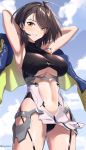  1girl armpits arms_up azur_lane baltimore_(azur_lane) bangs black_hair blue_coat blue_sky blush breasts coat cowboy_shot eyebrows_visible_through_hair hair_over_one_eye highres jewelry large_breasts leotard looking_at_viewer morino_(harpoomoss) navel necklace outdoors parted_lips short_hair sky smile solo standing twitter_username yellow_eyes 