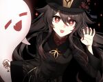  1girl az192837465 brown_hair genshin_impact hat highres hu_tao long_sleeves looking_at_viewer open_mouth red_eyes smile solo symbol-shaped_pupils 