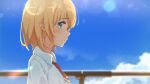  1girl bangs blonde_hair blue_eyes blue_sky blush collared_shirt commentary_request day eyebrows_visible_through_hair highres hololive hololive_english jl_tan lens_flare long_sleeves necktie outdoors railing red_neckwear shirt sky solo virtual_youtuber watson_amelia white_shirt 