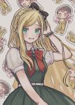  1girl :d arm_up black_bow blonde_hair blush bow bowtie braid breasts character_print collared_shirt commentary_request crown_braid dangan_ronpa_(series) dangan_ronpa_2:_goodbye_despair dress french_braid green_dress green_eyes hair_bow hand_in_hair heart long_hair looking_at_viewer medium_breasts open_mouth pinafore_dress puffy_short_sleeves puffy_sleeves red_bow red_neckwear seunohala shirt short_sleeves smile solo sonia_nevermind souda_kazuichi sticker upper_teeth white_shirt 