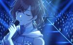  1girl ae_iueo bangs bare_shoulders breasts brown_hair crowd glowstick highres higuchi_madoka idolmaster idolmaster_shiny_colors looking_at_viewer microphone mole mole_under_eye one_eye_closed short_hair solo_focus sweat 