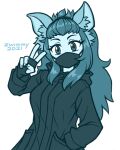  1girl 2021 animal_ears artist_name breasts character_request commission copyright_request eyebrows_visible_through_hair fingerless_gloves gloves hair_pulled_back hand_in_pocket long_hair long_sleeves looking_at_viewer medium_breasts monochrome sketch solo v zwimmy 