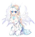  1girl armored_bikini blonde_hair blue_eyes blush cape elbow_gloves feathered_wings full_body gloves highres long_hair looking_at_viewer ls-lrtha navel open_mouth original simple_background solo thigh-highs white_background white_gloves white_legwear white_wings wings 