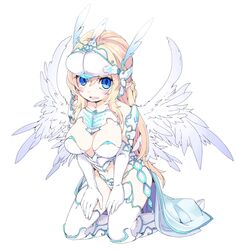  1girl armored_bikini blonde_hair blue_eyes blush cape elbow_gloves feathered_wings full_body gloves highres long_hair looking_at_viewer ls-lrtha navel open_mouth original simple_background solo thigh-highs white_background white_gloves white_legwear white_wings wings 