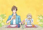  1boy 1girl absurdres age_difference blonde_hair blue_dress blue_eyes blush breast_pocket brown_eyes brown_hair collared_shirt cup dress eating flower food food_on_face highres karakuri-tibet leaf lettuce long_hair original pink_flower plate pocket sandwich shirt short_hair short_sleeves upper_body vase white_flower white_shirt yellow_background 