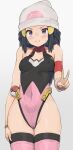  1girl adapted_costume beanie blue_eyes blue_hair blush breasts closed_mouth covered_navel covered_nipples hikari_(pokemon) gradient gradient_background grey_background hat highleg highleg_leotard leotard long_hair looking_at_viewer medium_breasts pink_legwear poke_ball poke_ball_(basic) pokemon pokemon_(game) pokemon_dppt smile solo spring20134 thigh-highs v white_headwear 