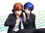  2boys asrkgk_(asura) blue_eyes blue_hair emiya_shirou fate/stay_night fate_(series) gakuran game_console handheld_game_console lying_on_person matou_shinji multiple_boys orange_hair school_uniform short_hair wavy_hair yellow_eyes younger 