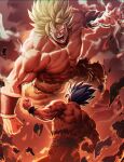  2boys abs blonde_hair bracer broly clenched_hand clenched_hands dragon_ball from_below highres male_focus multiple_boys muscular muscular_male open_mouth pants sash shirtless son_goku soy_chicken spiky_hair teeth tongue wristband 