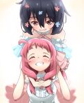  2girls ^_^ ahoge black_hair blush closed_eyes dress frilled_dress frills grin hair_between_eyes highres hondo_kaede hug hug_from_behind long_hair mizuno_ai multiple_girls pink_hair red_eyes short_hair smile strapless strapless_dress yuuyrx zombie_land_saga 