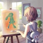  1girl anny_(yoai) art_brush brown_hair canvas_(object) easel from_behind paintbrush painting palette plant potted_plant solo spongebob_squarepants squidward_tentacles window 