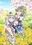  2girls :d alternate_wings bare_legs barefoot bloomers blue_bow blue_dress blue_eyes blue_hair blue_ribbon blurry blurry_foreground blush bow bug butterfly butterfly_wings cherry_blossoms cirno clover clover_(flower) daiyousei day dress dress_shirt field flower flower_field flower_necklace flower_request flower_wreath frilled_sleeves frills green_hair hair_bow hair_flower hair_ornament half_updo hands_on_another&#039;s_head head_wreath highres ice ice_wings insect jewelry knees_together_feet_apart light_blue_eyes light_blue_hair long_sleeves medium_hair mountainous_horizon multiple_girls neck_ribbon necklace open_mouth outdoors puffy_short_sleeves puffy_sleeves purple_flower putting_on_headwear raised_eyebrows red_neckwear red_ribbon ribbon shirt short_hair short_sleeves side_ponytail sitting sky smile sparkle surprised symbol_commentary touhou toutenkou transparent_wings underwear white_butterfly white_flower white_shirt wide-eyed wing_collar wings wrist_cuffs yellow_bow yellow_flower yellow_neckwear 