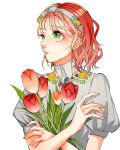  1girl bangs flower green_eyes hands_up highres leaf medium_hair mole mole_under_eye mole_under_mouth moru0308 orange_flower original parted_lips plant puffy_short_sleeves puffy_sleeves red_flower redhead short_sleeves simple_background solo upper_body white_background 
