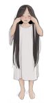  1girl bangs barefoot black_hair blush closed_eyes commentary dress facing_viewer flat_chest full_body highres holding holding_hair long_hair luimiart parted_bangs smile solo symbol_commentary the_ring very_long_hair white_background white_dress yamamura_sadako 