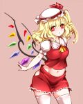  1girl :o ascot bangs blonde_hair breasts bright_pupils contrapposto cowboy_shot crystal eyebrows_visible_through_hair flandre_scarlet groin hair_between_eyes hat hat_ribbon highres hip_vent looking_at_viewer medium_breasts medium_hair midriff mob_cap navel one_side_up petticoat pink_background puffy_short_sleeves puffy_sleeves raptor7 red_eyes red_ribbon red_skirt red_vest ribbon short_sleeves simple_background skirt solo thigh-highs touhou vest wavy_hair white_headwear white_legwear wings yellow_neckwear 