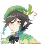  1boy ? androgynous bangs beret black_hair blue_hair bow braid cape closed_mouth collared_cape eyebrows_visible_through_hair flower genshin_impact gradient_hair green_eyes green_headwear hair_flower hair_ornament hat korean_commentary leaf male_focus malja multicolored_hair shirt short_hair_with_long_locks simple_background solo twin_braids venti_(genshin_impact) white_background white_flower white_shirt 