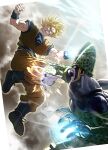 2boys bangs blonde_hair blue_eyes boots cell_(dragon_ball) clenched_hand clenched_teeth commentary_request dirty dirty_arm dirty_face dragon_ball dragon_ball_z energy_ball eye_contact fighting glowing highres korean_commentary looking_at_another male_focus motion_blur multiple_boys open_mouth orange_pants perfect_cell sash son_goku soy_chicken spiky_hair teeth wristband 