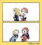  2girls blonde_hair braid closed_eyes fire_emblem fire_emblem:_three_houses garreg_mach_monastery_uniform green_eyes highres ingrid_brandl_galatea laughing leonie_pinelli long_hair multiple_girls older open_mouth orange_eyes orange_hair short_hair smile sparkle tarochan_(sss-taro) 