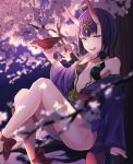  1girl absurdres ankle_ribbon bob_cut breasts cherry_blossoms cup eyeliner fate/grand_order fate_(series) headpiece highres horns ichiya1115 japanese_clothes kimono makeup obi oni oni_horns open_clothes open_kimono purple_hair purple_kimono red_ribbon revealing_clothes ribbon sakazuki sash short_eyebrows short_hair shuten_douji_(fate) sitting skin-covered_horns small_breasts solo violet_eyes 