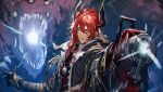  1boy arknights claws coat grin hair_between_eyes holding holding_weapon horns long_hair looking_at_viewer male_focus one_eye_closed red_eyes redhead ryuuzaki_ichi sesa_(arknights) smile solo weapon 