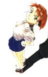  1990s_(style) 1girl arms_behind_back artist_name bangs bending_backward black_footwear blue_skirt bob_cut breasts brown_eyes brown_hair dress_shirt el_hazard eyelashes foreshortening from_above full_body hair_strand hands_on_hips jinnai_nanami light_smile looking_at_viewer looking_up marker_(medium) medium_breasts nakazawa_kazuto official_art pleated_skirt retro_artstyle scan school_uniform shadow shirt shoes short_hair short_sleeves signature simple_background skirt solo source_request standing swept_bangs traditional_media white_background white_shirt 