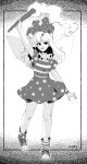  1girl absurdres arm_up artist_name clownpiece dress fairy_wings freckles hat highres holding holding_torch jester_cap linmiee long_hair mismatched_legwear monochrome neck_ruff polka_dot shoes short_sleeves sneakers star_(symbol) striped striped_dress torch touhou wings 