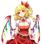  1girl belt blonde_hair bow breasts crystal fingernails flandre_scarlet highres large_breasts looking_at_viewer older outstretched_arms puffy_short_sleeves puffy_sleeves raptor7 red_bow red_eyes red_ribbon red_shirt red_skirt ribbon shirt short_hair short_sleeves simple_background skirt solo touhou vest white_background wings 