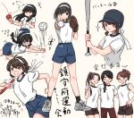  6+girls ayanami_(kancolle) ball bangs baseball baseball_bat black_eyes black_footwear black_hair blue_shorts braid brown_eyes brown_hair brown_shorts closed_eyes clothes_writing eyebrows_visible_through_hair flying_sweatdrops fubuki_(kancolle) hatsuyuki_(kancolle) headband helmet highres hime_cut holding holding_ball isonami_(kancolle) kantai_collection long_hair low_twintails miyuki_(kancolle) multiple_girls paddle ponytail relay_baton rin_(rin_niji) rin_niji shikinami_(kancolle) shirayuki_(kancolle) shirt shoes short_hair short_sleeves short_twintails shorts side_ponytail sidelocks simple_background single_braid sneakers socks sparkle sportswear table_tennis_paddle translation_request twin_braids twintails uranami_(kancolle) v volleyball white_headband white_shirt yellow_background 