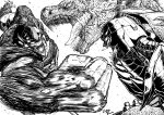  absurdres beast_wars clenched_hand fighting greyscale highres looking_down maximal mecha megatron megatron_(beast_wars) monochrome no_humans oohara_tetsuya open_hand open_hands optimus_primal predacon punching saliva science_fiction sharp_teeth teeth transformers white_background 