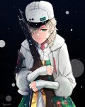  1girl artist_name blonde_hair closed_mouth darkpulsegg eyebrows_visible_through_hair fedorov_(girls_frontline) fedorov_avtomat fur-trimmed_jacket fur_trim girls_frontline green_eyes gun hair_over_one_eye highres holding holding_weapon jacket long_hair looking_at_viewer rifle simple_background smile solo traditional_clothes weapon white_headwear white_jacket 