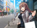  1girl bag bangs black_sweater blue_sky braid brown_hair clouds commentary_request day green_eyes grey_jacket jacket kaminashi_yamato kantai_collection noshiro_(kancolle) official_alternate_costume open_mouth outdoors road shopping_bag sky solo sweater swept_bangs teeth twin_braids upper_body waving 