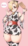  1girl absurdres aki_(sangetusei) animal_print bell blush breasts cow_print detached_sleeves earrings hair_over_one_eye highres idolmaster idolmaster_cinderella_girls japanese_clothes jewelry kimono long_hair neck_bell paddle pink_background plump red_eyes shirasaka_koume short_hair simple_background small_breasts smile solo thigh-highs thighs wristband 