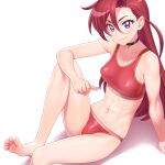  1girl abs arm_support bare_legs barefoot bell bikini black_choker breasts choker closed_mouth collarbone cure_flamingo from_above highres jingle_bell long_hair looking_at_viewer looking_up minazuki_juuzou navel neck_bell precure red_bikini redhead sitting smile solo swimsuit takizawa_asuka toes tropical-rouge!_precure violet_eyes 
