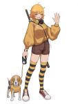  1girl ahoge antenna_hair arc2urus bangs beagle black_legwear blonde_hair blush brown_shorts grin hair_ornament hairclip hand_up headphones headphones_around_neck highres holding holding_leash leash long_sleeves orange_hair orange_legwear original pokemon_go_plus shiny shiny_hair shoes short_hair shorts simple_background smile sneakers striped striped_legwear sweater_tucked_in thigh-highs weapon weapon_on_back white_background 